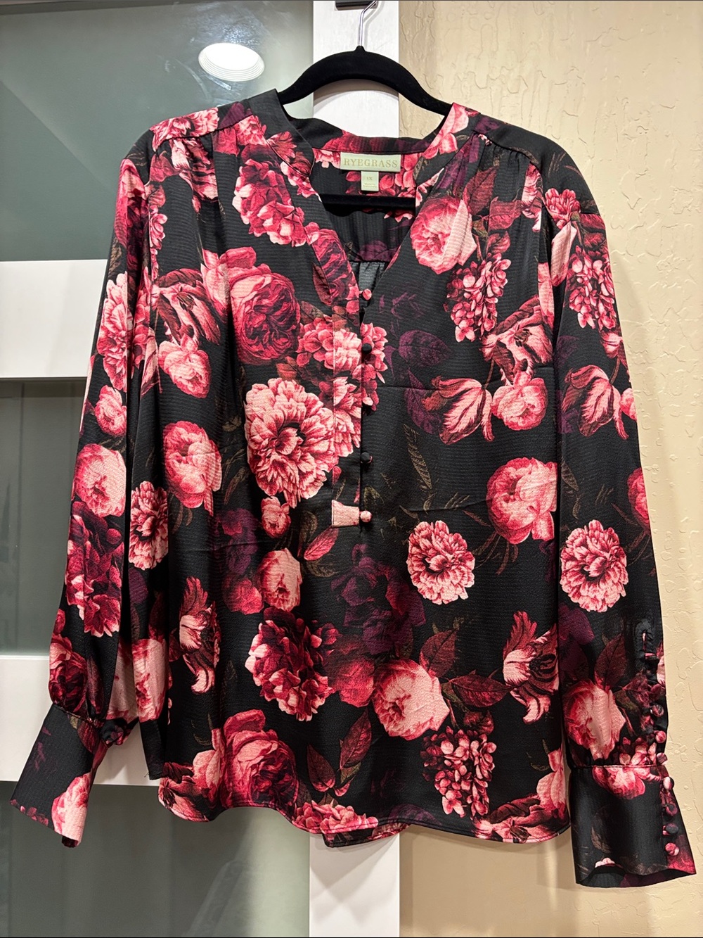 Ryegrass Black Blouse with Pink Floral Print